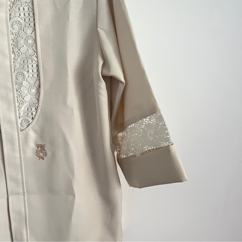 Vintage Lolani Beau Tiki Hawaiian Shirt Cream Beige Lace Men’s Size Medium - Picture 5 of 9